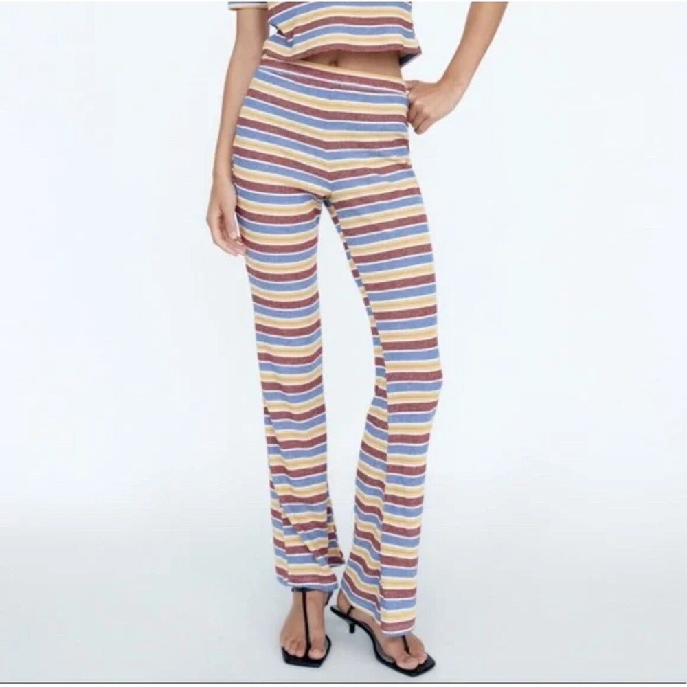 Zara Pants Womens Sz S Knit Striped Colorful Pull On Yellow Red Blue Ribbed - Picture 2 of 12